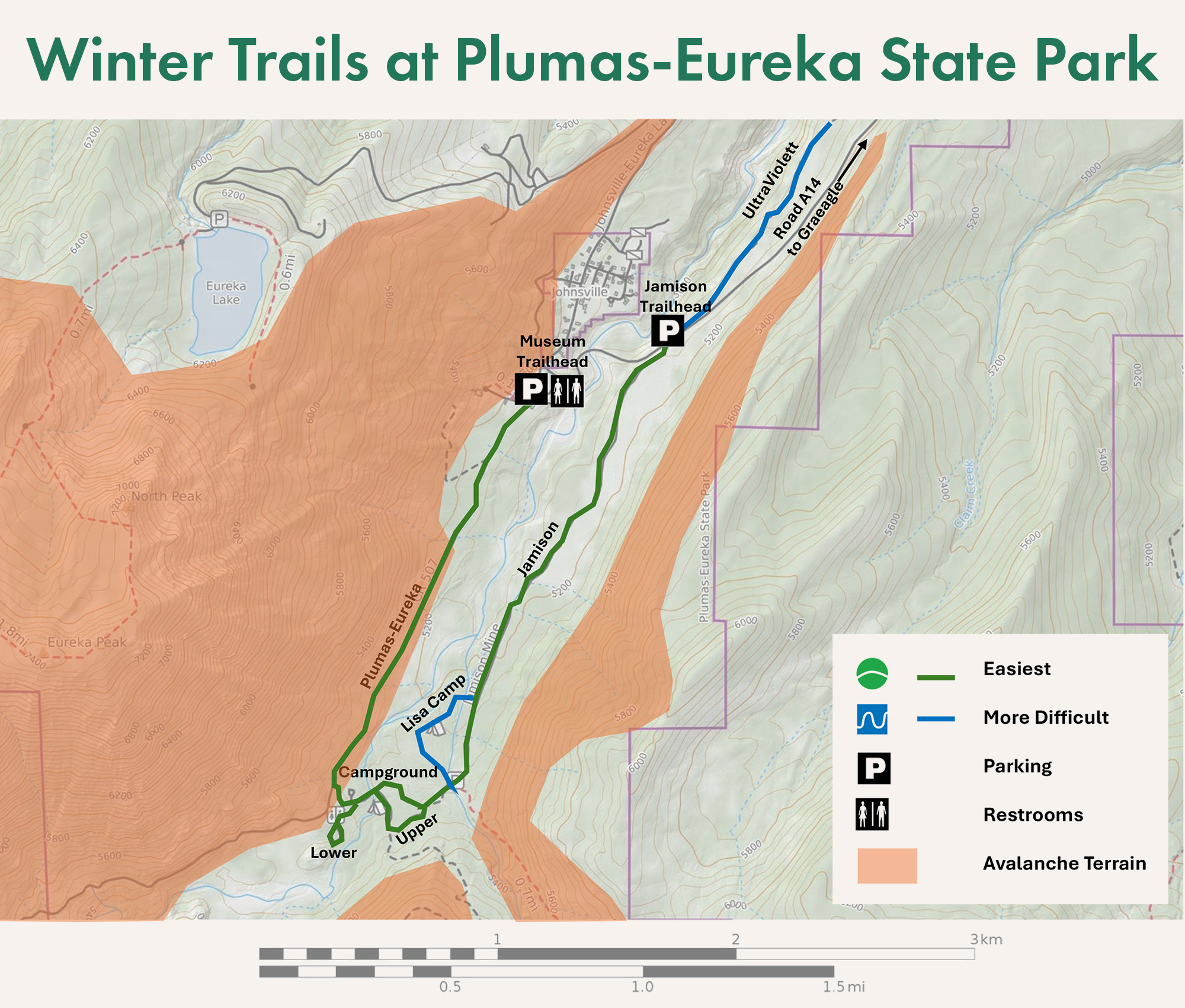 Nordic Winter Trail Map that shows two main routes of cross country ski trails and landmarks.